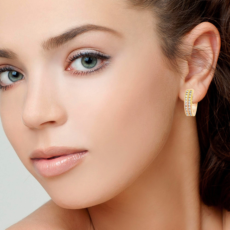 18K Gold Diamond Huggies Earrings - 0.7 inch